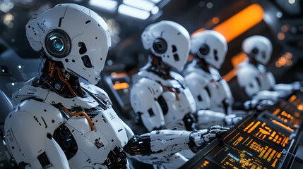 Fototapeta premium White Robots with Intricate Gray and Beige Facial Details in a High-Tech Office Environment – High-Definition, Hyper-Realistic Sci-Fantasy Style 