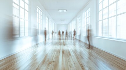 Obraz premium Modern open-plan office space with blurred figures moving through a bright, airy environment featuring white walls, wooden floors, and stylish lighting.