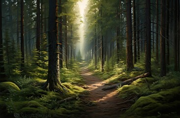 Obraz premium Sunlit path through mossy forest.
