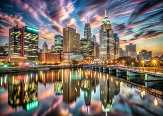 Obraz premium Surreal Philadelphia Skyline at Twilight with Dreamlike Colors and Distorted Reflections in the Water, Capturing the Essence of Urban Fantasy and Imagination