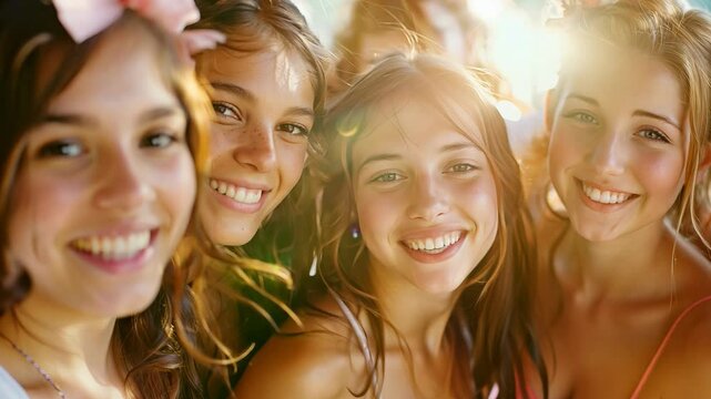 A group of four young friends is sharing laughter and joy in a sunlit outdoor setting. Their vibrant energy and bright smiles convey a sense of happiness and friendship.