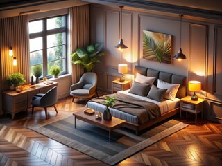 Fototapeta premium Cozy Hotel Room Isometric View for Interior Design Inspiration and Presentation Background