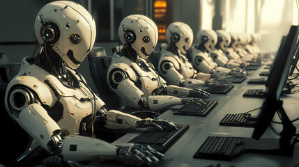 Fototapeta premium Group of White Humanoid Robots with Dark Gray and Light Beige Facial Features Working at Desks in a Modern Futuristic Office – High-Resolution Sci-Fi Movie Scene Style