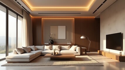 Fototapeta premium Modern living room interior with large windows, beige sofa, wooden coffee table and TV. The room has warm lighting and a minimalist aesthetic.