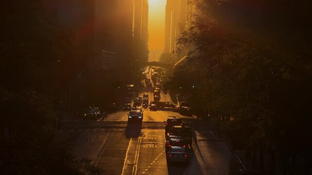 Glorious Sunset Illuminating Urban Canyon Creates Captivating and Magical Scene