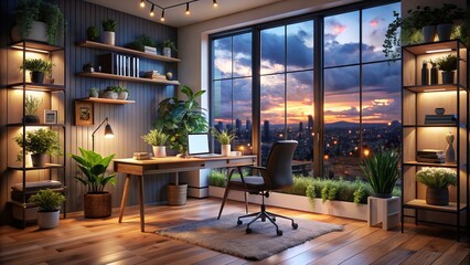 Cozy Workspace with Modern Decor and Natural Light at Night Highlighting Warm Ambiance and Contemporary Design Elements for an Inspiring Work Environment