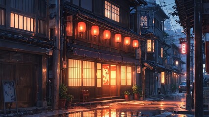 Obraz premium Cozy Tokyo Street Scene with Lanterns and Reflections