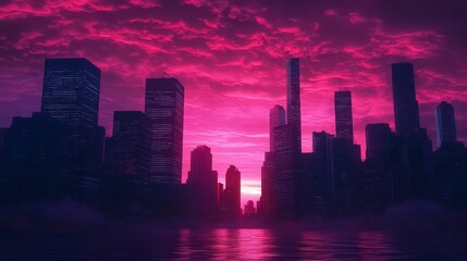 Fototapeta premium A silhouette of a modern city skyline with a pink sunset reflected in the water.