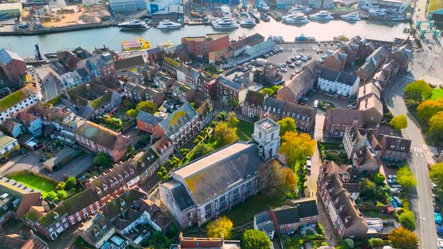 Aerial view of Poole, a coastal town in Dorset, southern England, known for its large natural harbour and sandy beaches, UK
