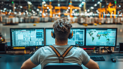 A person monitors multiple screens in a warehouse setting, overseeing operations with a headset, focused on logistics and data management.