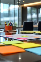 Bright office supplies on conference table, focus on sticky note