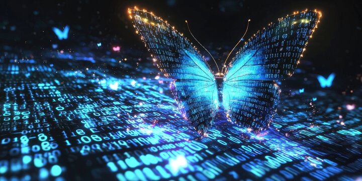 Digital butterfly with glowing effects and binary code.