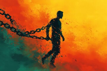 Fototapeta premium A silhouette of a person walking away from a broken chain, symbolizing freedom and resilience, set against a vibrant, colorful background.
