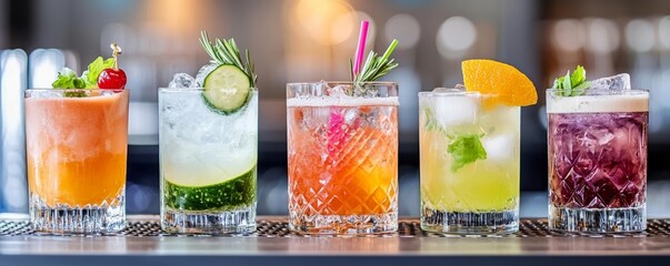 Assorted colorful cocktails with garnishes on a stylish bar counter, soft background lighting, luxurious bar atmosphere