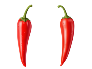 Two bright red chili peppers with slender shapes and green stems, showcasing their vibrant color and freshness.