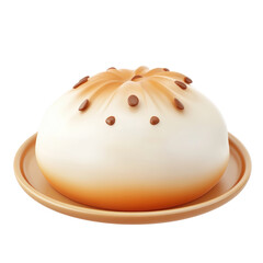 A smooth, dome-shaped dessert with a caramel top and decorative chocolate spots on a circular plate.