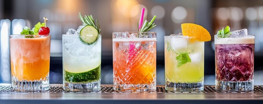 Assorted colorful cocktails with garnishes on a stylish bar counter, soft background lighting, luxurious bar atmosphere