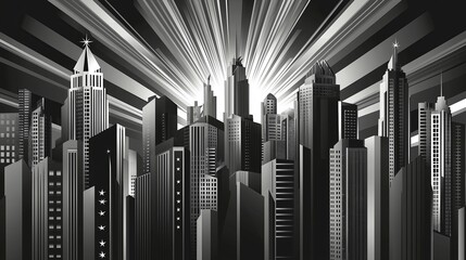 Deco Skyline with Starburst and Linear Patterns