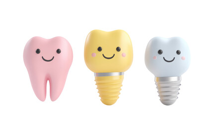 Three cartoonish teeth, each featuring a happy face, showcase different colors and designs.