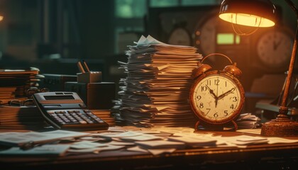 Pile of papers amidst retro clock on cluttered desk, stillness of time juxtaposed with bustling chaos echoing contemporary dilemma.