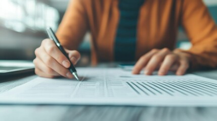 A person is writing on documents at a table, showcasing focus and productivity in a professional setting.