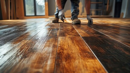 A close-up view of a person applying a finish on wooden flooring, showcasing the rich textures and colors of the wood.