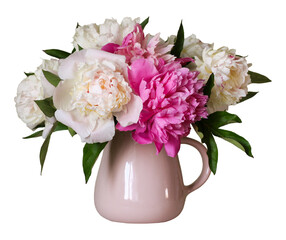 bouquet of peonies in a jug, isolated on a white background. full bloom. pink lush flowers.