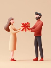 Person giving gift box with red ribbon to another person.