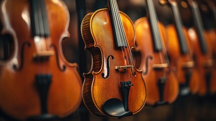 Fototapeta premium A close-up shot of a violin, showcasing its intricate details. This image is perfect for illustrating articles about music, instruments, or classical music.