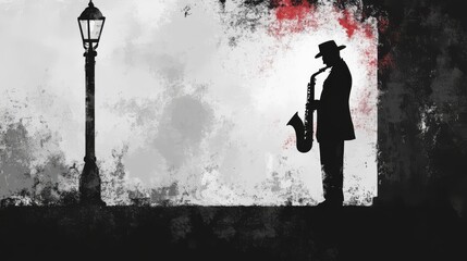 A silhouette of a saxophone player in a city scene.