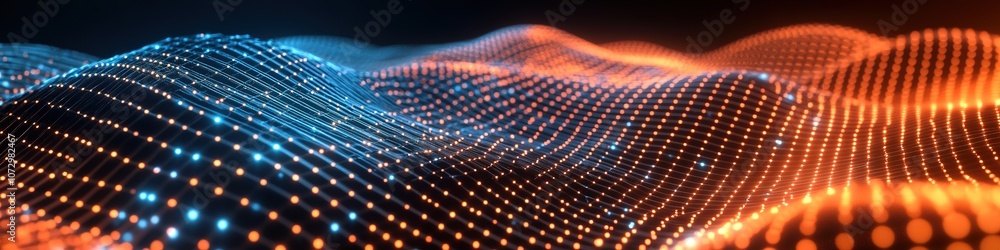 Poster dynamic digital wave form with glowing dots on dark background