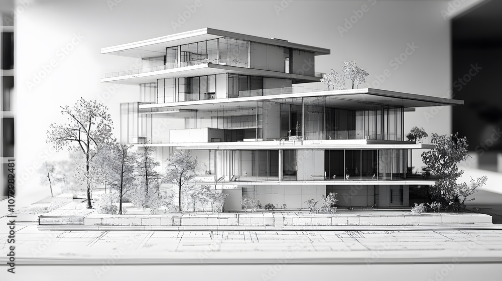 Poster A modern architectural model showcases a multi-level structure with clean lines, large windows, and surrounding greenery, emphasizing contemporary design.