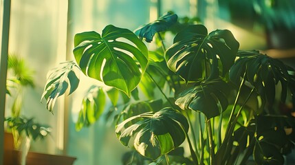 Obraz premium A close-up shot of a Monstera plant. Perfect for showcasing a natural and vibrant aesthetic, ideal for home decor, gardening, or plant-related content.
