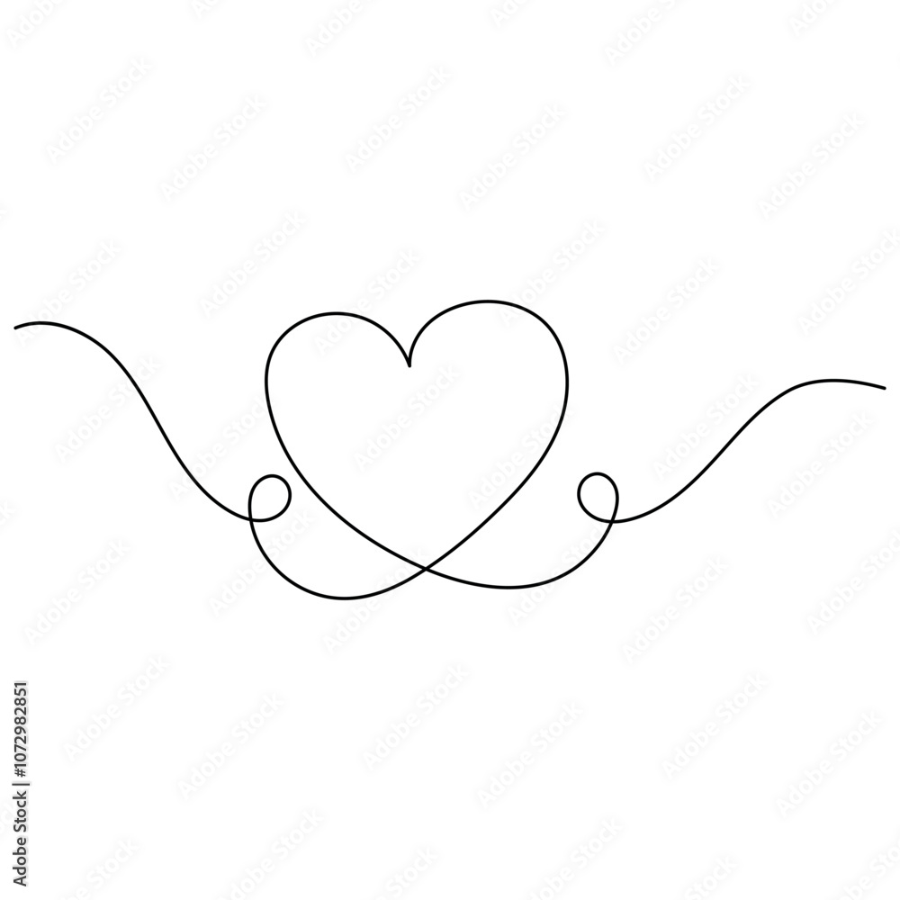 Wall mural Heart shape valentines day single line art, continuous one line drawing of Isolated outline vector icon