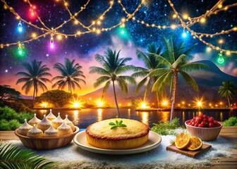 Obraz premium Surreal Scene of Bibingka, the Traditional Filipino Christmas Rice Cake, Surrounded by Dreamlike Elements in a Manila Setting, Evoking Festivity and Cultural Heritage