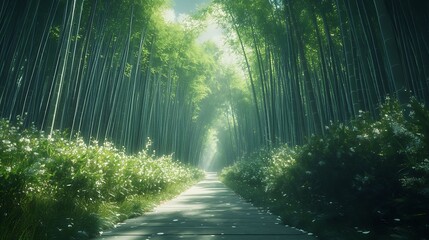 Naklejka premium A path leading through a lush green bamboo forest, Beautiful bamboo forest green background