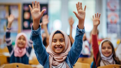 Fototapeta premium Happy Hijab Student Raising Hand in Classroom, Concept of Inclusivity and Education