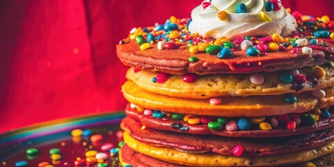 A towering stack of fluffy pancakes, each layer a vibrant hue, adorned with a whimsical sprinkle of colorful candies and a delicate crown of whipped cream.