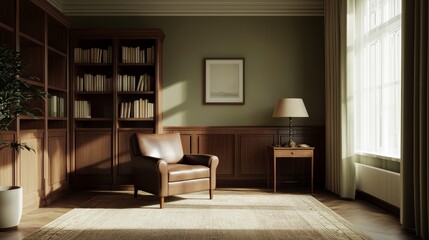 A cozy reading nook featuring a comfortable chair, wooden bookshelf, warm lighting, and a plush rug in a softly lit, minimalist room.