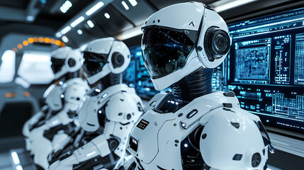 Fototapeta premium Group of White Humanoid Robots Wearing Helmets and Conducting Scientific Research on Computers in a Futuristic Space Station Laboratory – Cinematic, High-Resolution Sci-Fi Concept Art