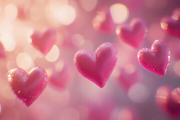 Obraz premium Valentines love concept of pink and purple hearts with a soft dreamy glowy effect