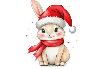 Watercolor painting of a bunny getting ready for christmas, wearing a santa hat and a red scarf, Ai