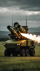 A mobile missile launch vehicle fires a missile during a military exercise in a dynamic landscape under dramatic clouds. Generative AI