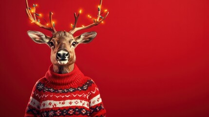 reindeer wearing a festive Christmas sweater with antlers and lights, set against a vibrant red background. joyful spirit of the holiday season, perfect for Christmas banner/web/design/card