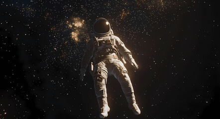 Fototapeta premium Full-Body Shot of an Astronaut Floating in Space with a Stunning Nebula Backdrop – Panoramic, Photorealistic, and Cinematic Space Illustration