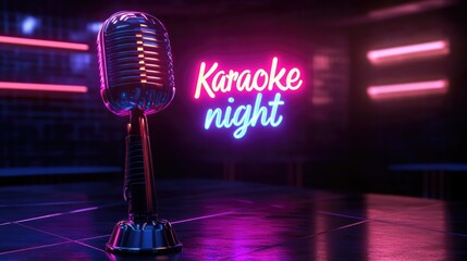 Vintage microphone stands on stage, illuminated by neon karaoke night sign