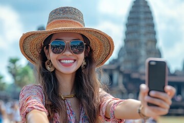 Tourist taking selfie at angkor wat temple smiling at camera