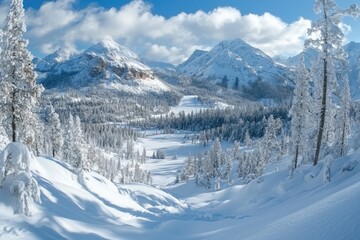 Snowy mountain peaks towering over frozen valley and forest