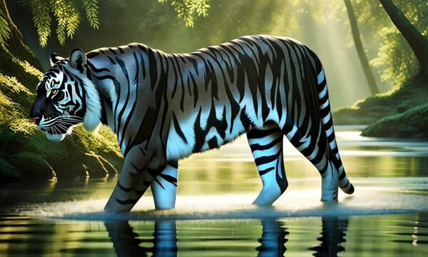 Black and White Tiger Crossing the River. Wild life nature video