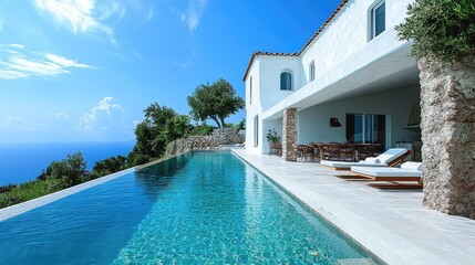 Fototapeta premium Infinity pool overlooking tranquil ocean at modern luxury villa